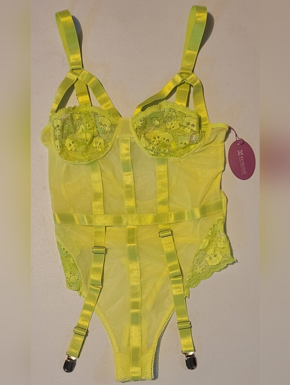 Avidlove, Neon Yellow Lace Skulls Bodysuit with Garter Straps, Small